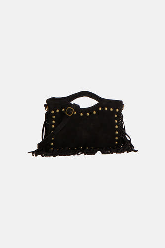 Sac à main noir Astrid Black Label avec franges, fermeture éclair dorée et poignée.
