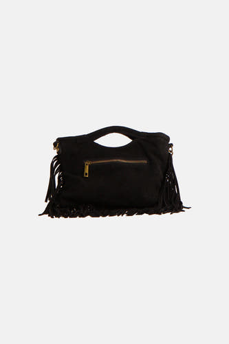 Zwarte handtas van Astrid Black Label met franjes, gouden ritssluiting en handvat.