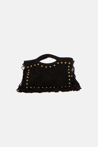 Sac à main noir Astrid Black Label avec clous dorés et franges sur les côtés et le bas.