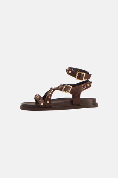 Sandales marron Astrid Black Label avec brides, boucles dorées et pierres décoratives, vue de profil.