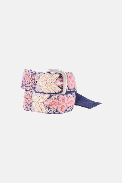 Ceinture multicolore d'Astrid Black Label, avec motifs floraux brodés et boucle argentée.
