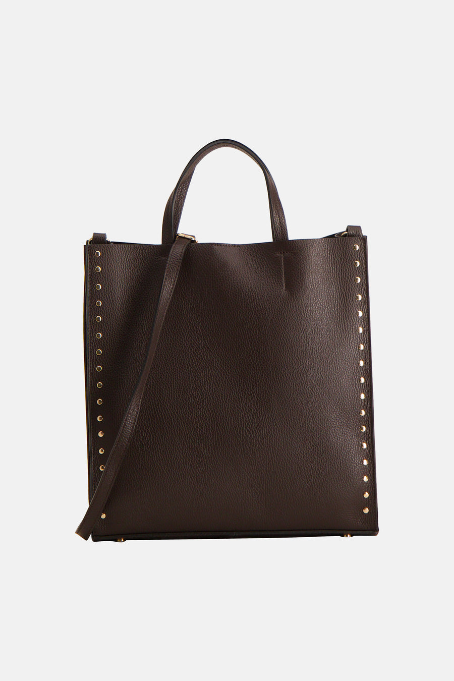 Sac à main marron Astrid Black Label avec texture grainée et clous dorés le long des côtés.