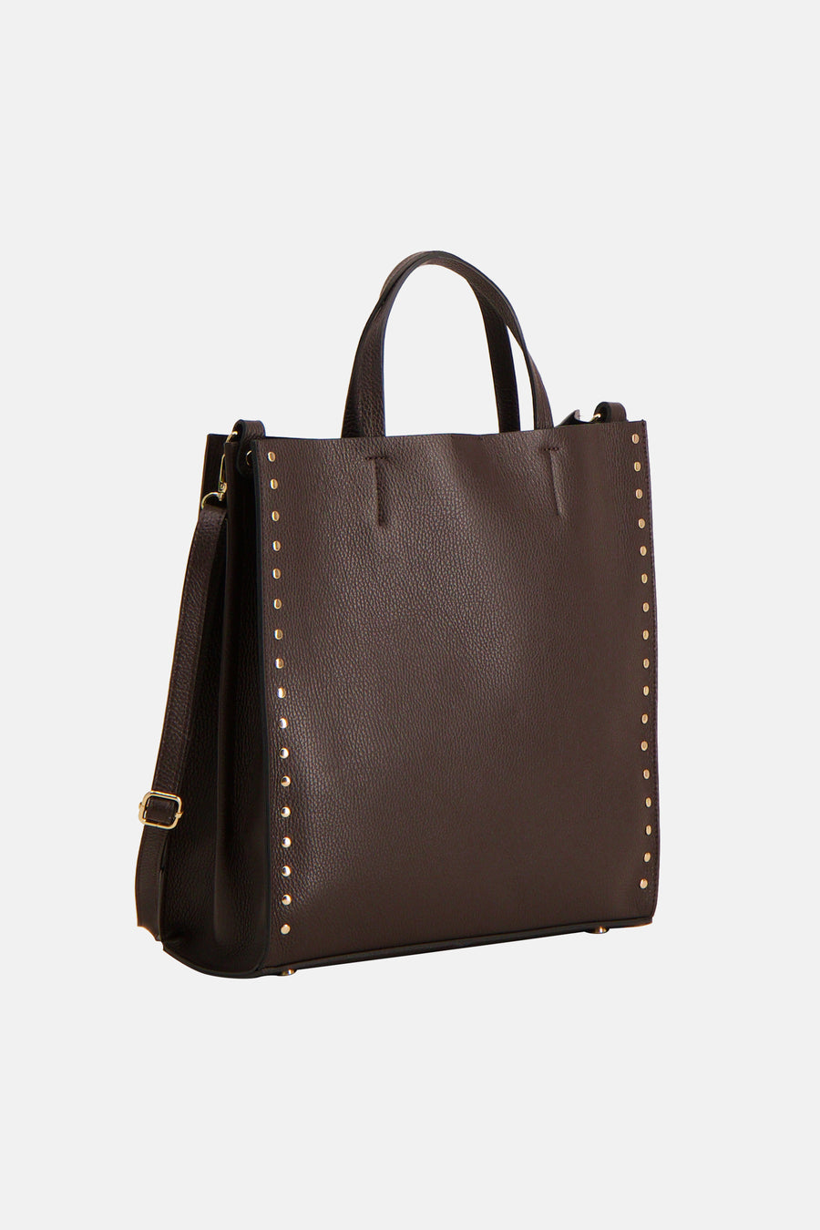 Sac à main marron Astrid Black Label avec texture grainée et clous dorés sur les côtés, bandoulière incluse.