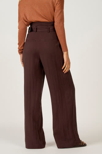 Pantalon de costume marron d'Astrid Black Label, vu du l'arrière, avec une texture lisse et des jambes larges, associé à une chemise marron.