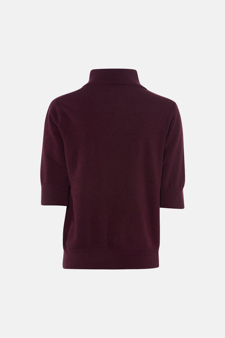 Paarse korte mouwen polo van Astrid Black Label, achterzijde, fijn gebreid, ribboorden aan kraag en zoom