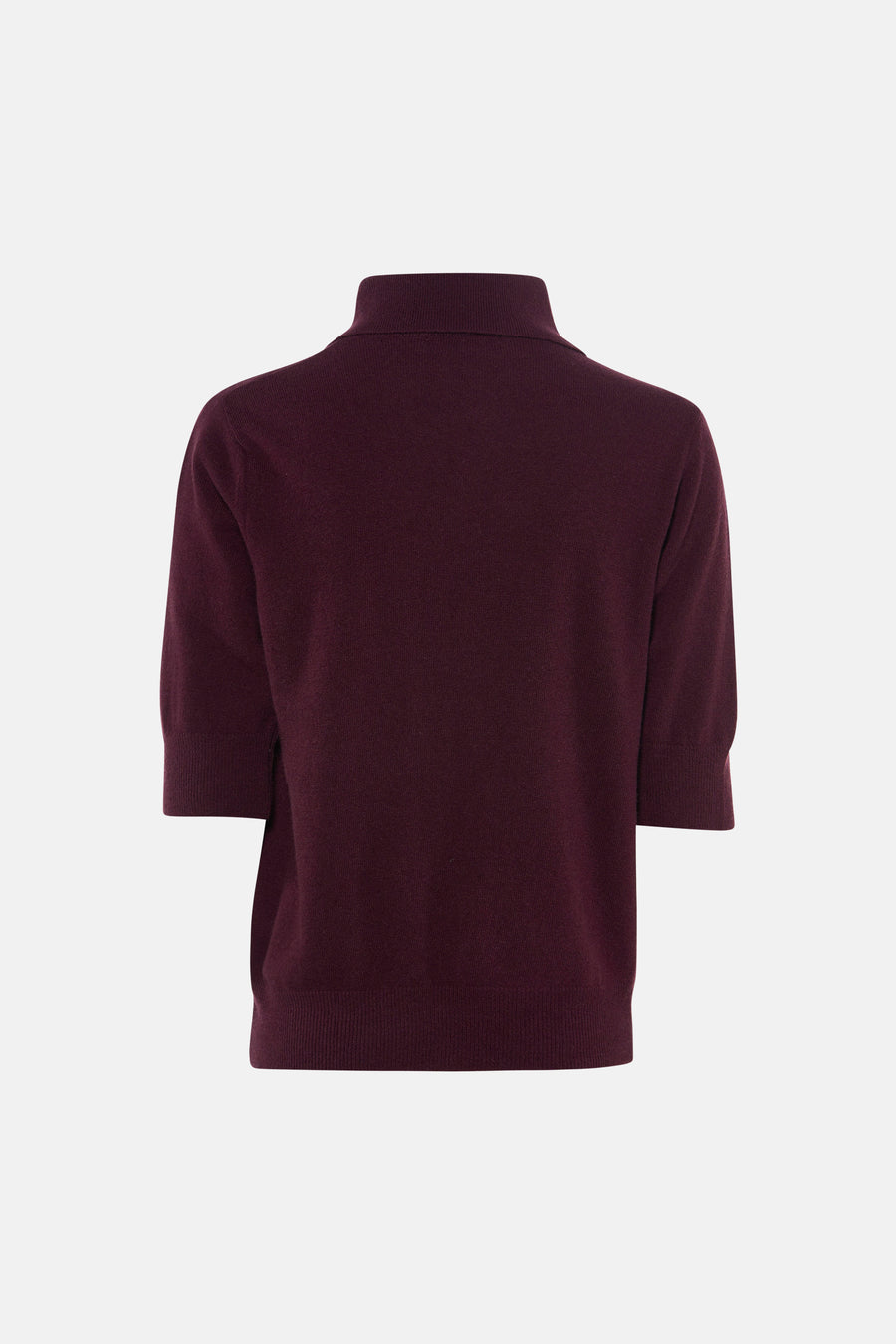 Paarse korte mouwen polo van Astrid Black Label, achterzijde, fijn gebreid, ribboorden aan kraag en zoom