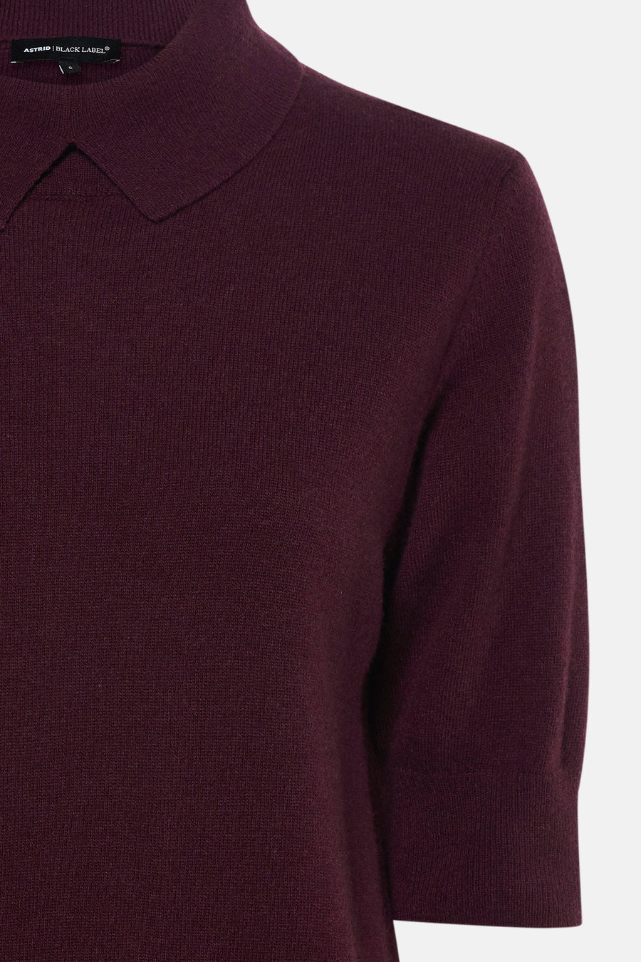 Paarse korte mouwen polo van Astrid Black Label, fijn gebreid met klassieke kraag, close-up voorzijde