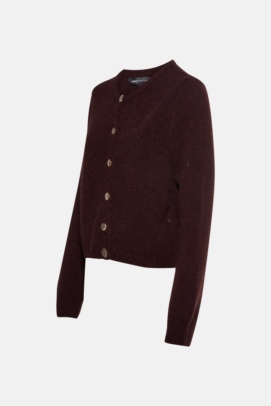 Bruine wollen cardigan met knopen.