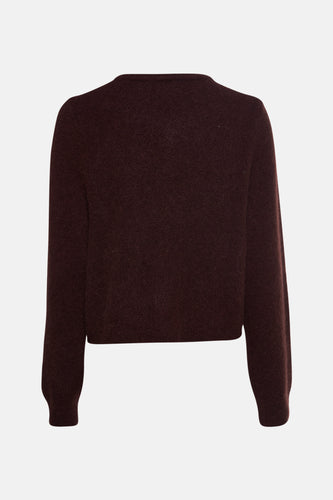 Donkerbruine gebreide trui, achteraanzicht.