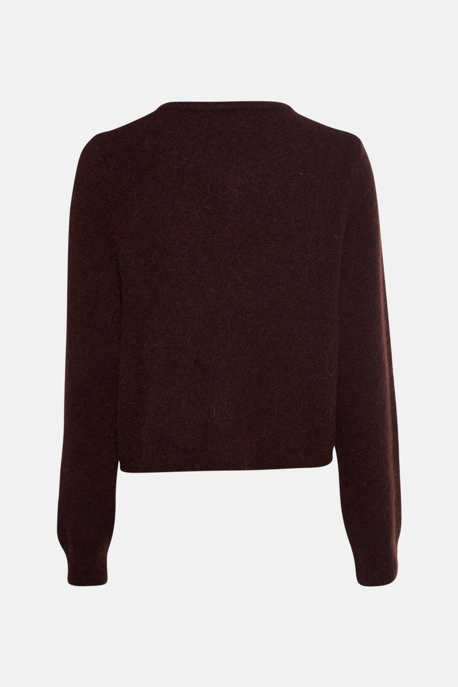 Donkerbruine gebreide trui, achteraanzicht.