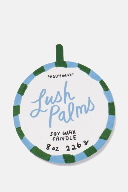 Multicolor kaars met blauw-groene rand, van PADDY WAX, Lush Palms geur, soywax, ronde vorm, witte label met handgeschreven tekst, bovenaanzicht
