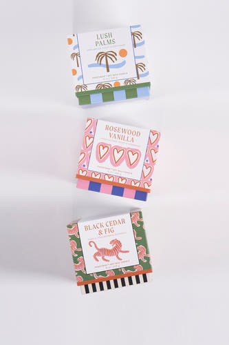 Multicolor kaarsen in gestreepte en gestippelde doosjes van PADDY WAX, met palm-, hart- en tijgerprint, op witte achtergrond