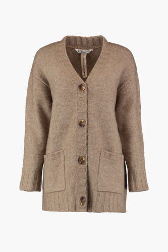 Gilet en maille beige à manches longues de ZABAIONE, avec col, poignets et ourlet côtelés, dos.