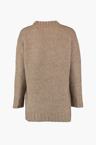 Beige gebreide gilet met lange mouwen van ZABAIONE, met geribbelde kraag, manchetten en zoom, rugzijde.