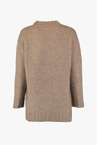 Gilet en maille beige à manches longues de ZABAIONE, avec col, poignets et ourlet côtelés, dos.