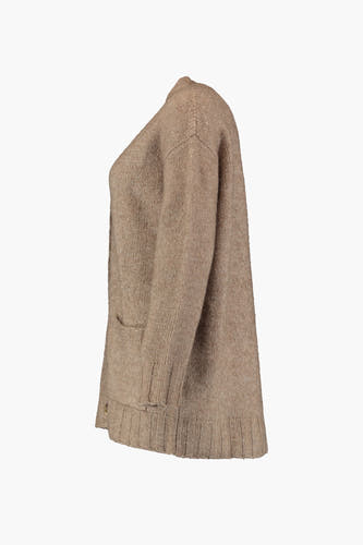 Gilet en maille beige à manches longues, bords-côtes, poches et fentes latérales de ZABAIONE.