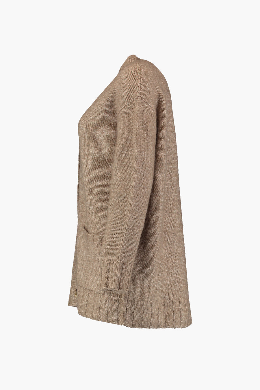 Gilet en maille beige à manches longues, bords-côtes, poches et fentes latérales de ZABAIONE.