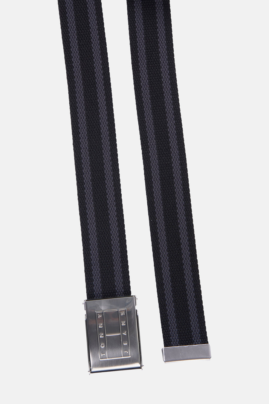 Ceinture noire de TOMMY JEANS, avec un motif rayé et une boucle argentée.