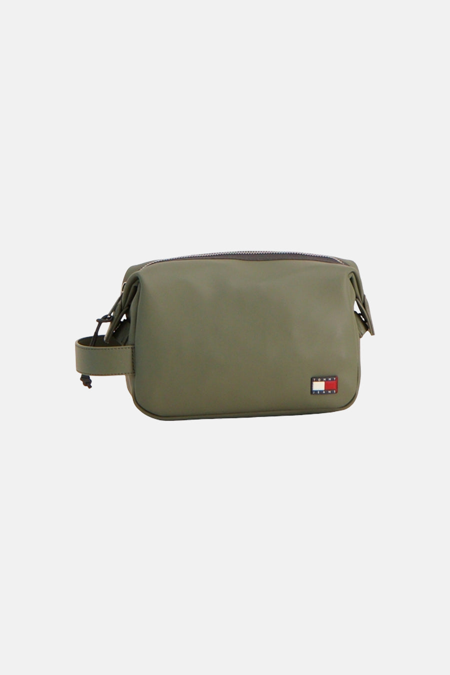 Trousse de toilette verte TOMMY JEANS avec fermeture éclair argentée, une petite poignée et un logo sur le devant.
