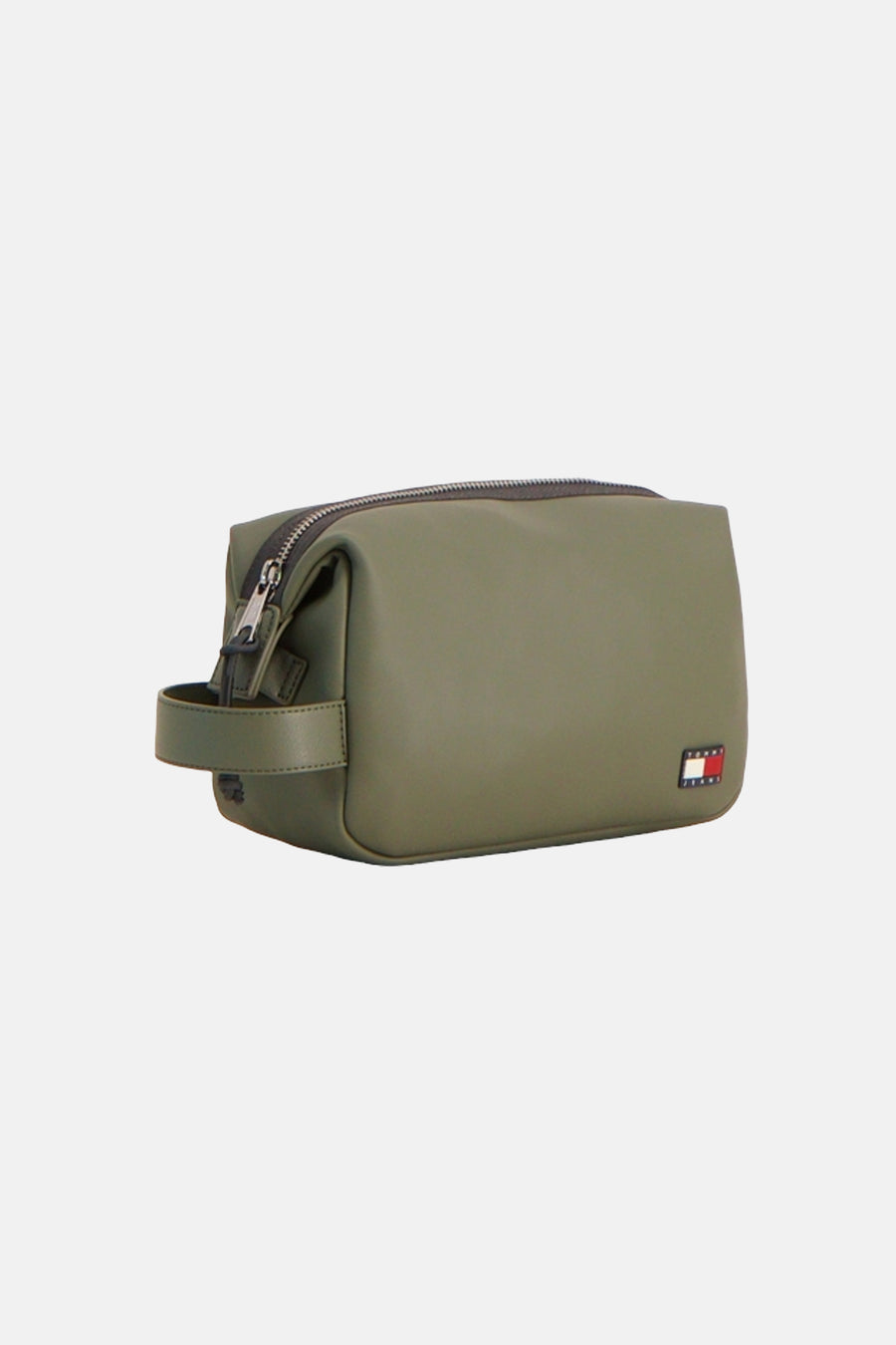 Groene toilettas van TOMMY JEANS met zilverkleurige rits, een klein handvat en logo op de voorkant.