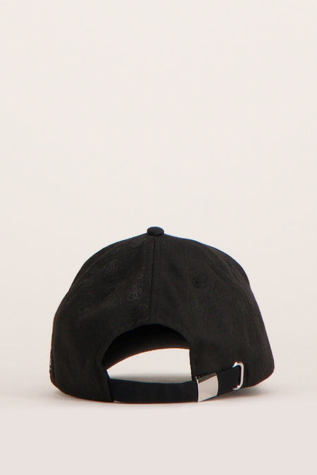 Chapeau noir de Guess® avec une boucle argentée à l'arrière, vu de derrière.
