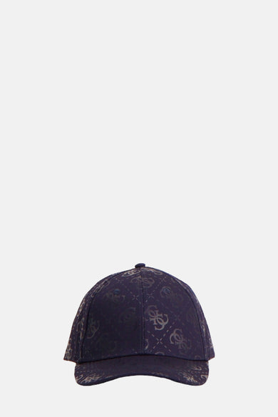 Casquette bleue de Guess avec une impression de logo partout et une forme de casquette de baseball classique.