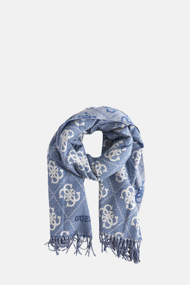 Écharpe d'hiver bleue de Guess avec un motif monogramme blanc et des franges.