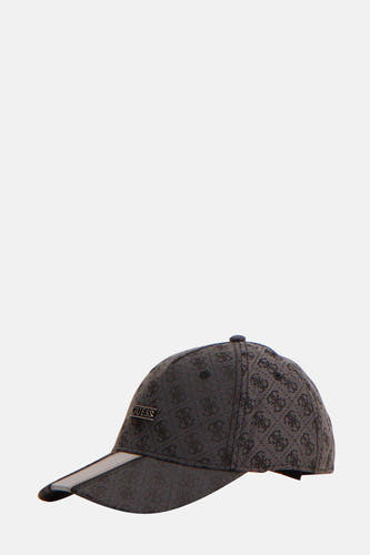 Chapeau noir de Guess, avec un imprimé logo intégral et des détails argentés sur le rabat.