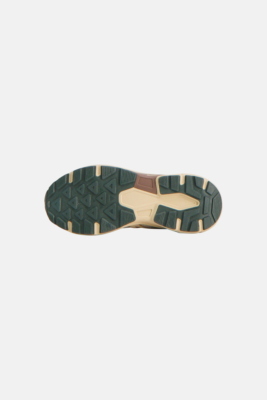 Baskets beiges d'AMERICANINO, vues par le dessous, avec une semelle profilée vert foncé, beige et marron.