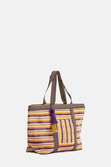 Sac à dos multicolore d'ALEX MAX, avec un motif rayé et une broderie violette décorative.