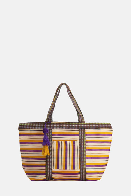 Sac à dos multicolore d'ALEX MAX, avec un motif à rayures, un détail en tassel et une petite poche.