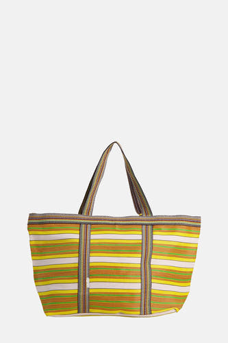 Sac à dos rayé jaune d'ALEX MAX avec des anses tissées et des détails.