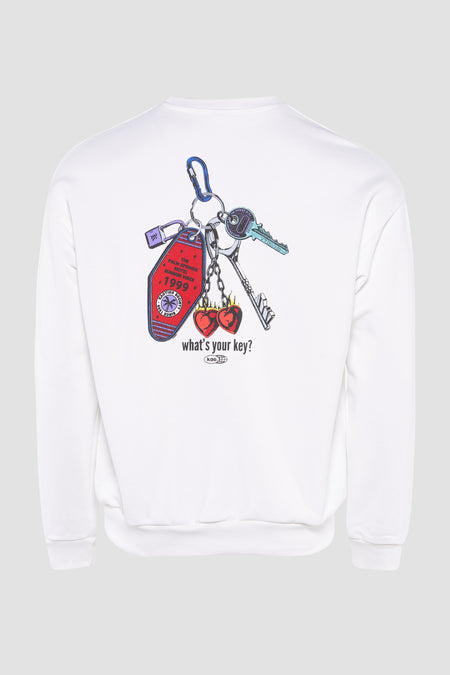 Pull-over blanc de KAOTIKO avec impression de clés, un porte-clés et le texte "quelle est votre clé ?".