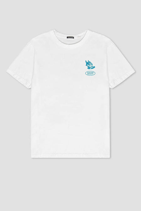 T-shirt blanc à manches courtes de KAOTIKO, avec une impression graphique bleue sur la poitrine.