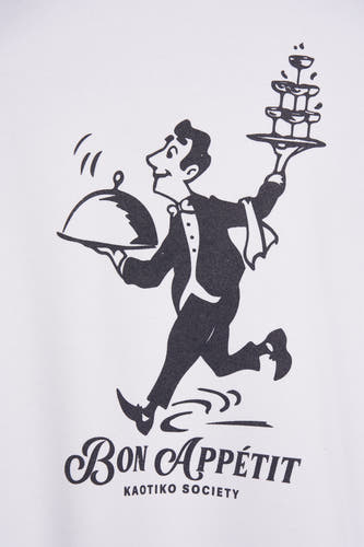 Pull-over blanc de KAOTIKO SOCIETY avec impression noire d'un serveur courant avec des assiettes.