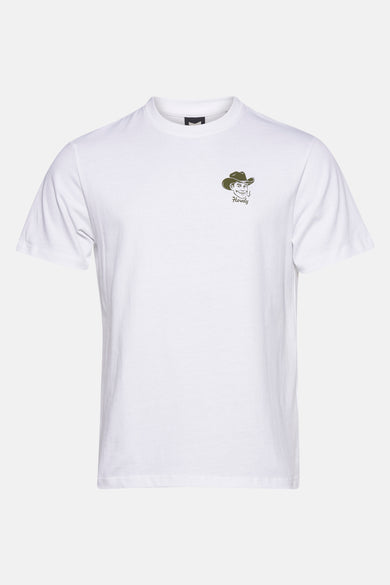 T-shirt blanc à manches courtes de KAOTIKO, avec une petite image d'un cow-boy cartoon.