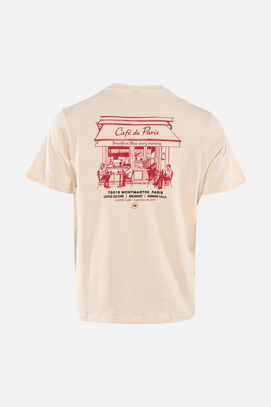 T-shirt écru de KAOTIKO avec imprimé rouge 'Café de Paris' dans le dos.
