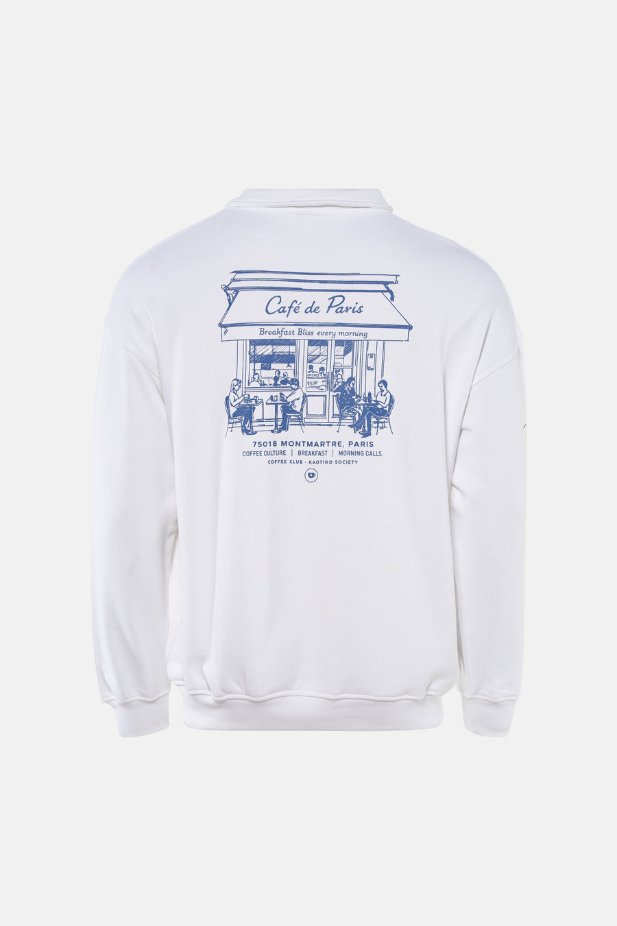 Sweat-shirt blanc de KAOTIKO avec un imprimé bleu d'un café parisien au dos.