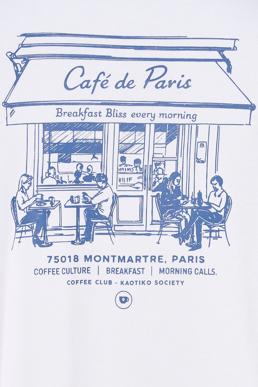Pull blanc de KAOTIKO avec imprimé bleu d'un café parisien et texte assorti.