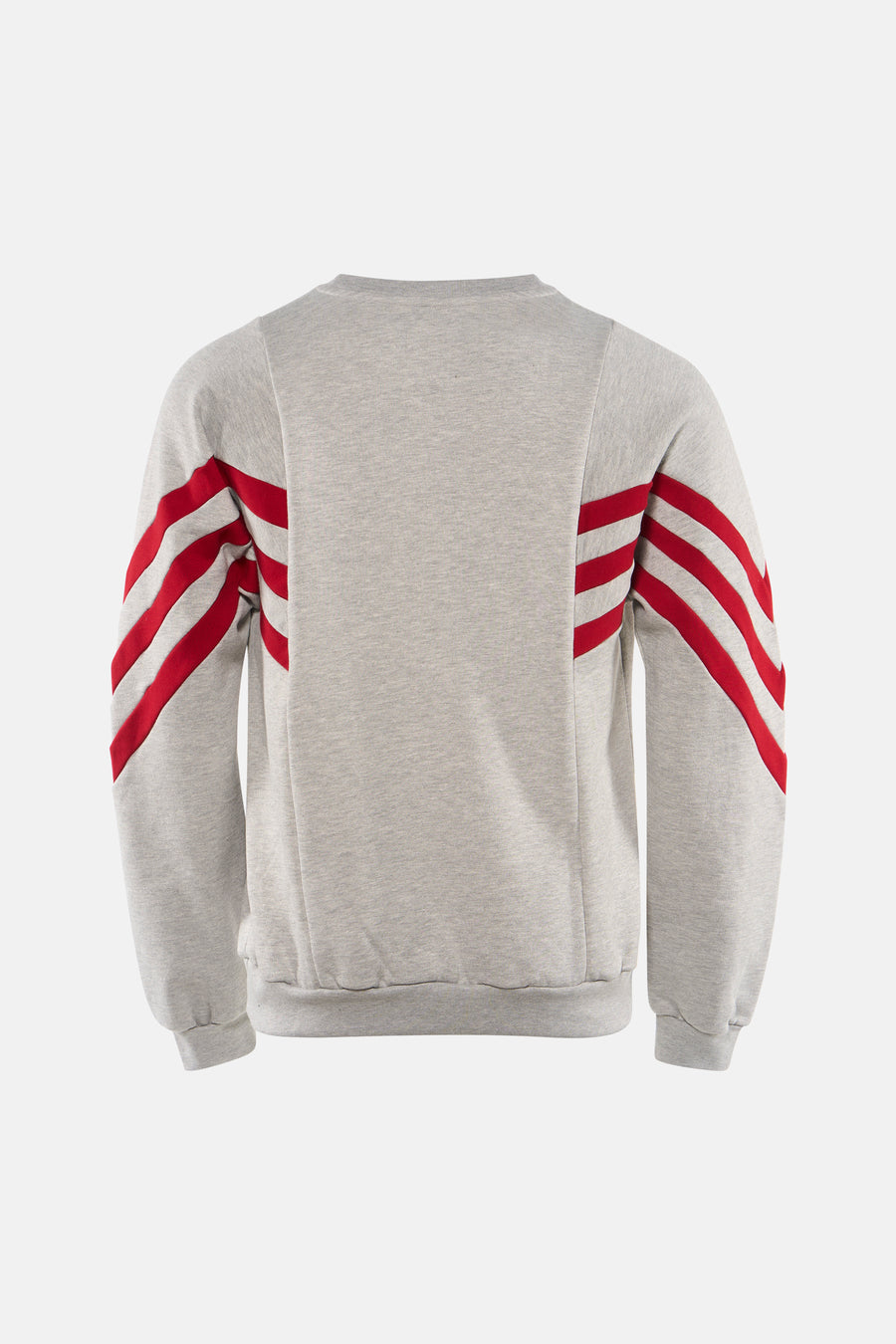Pull gris de KAOTIKO avec col rond et rayures rouges sur les manches, vue arrière.