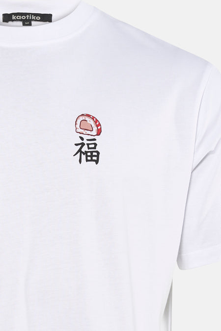 T-shirt blanc KAOTIKO avec un petit emblème de sushi et un caractère chinois sur le devant.