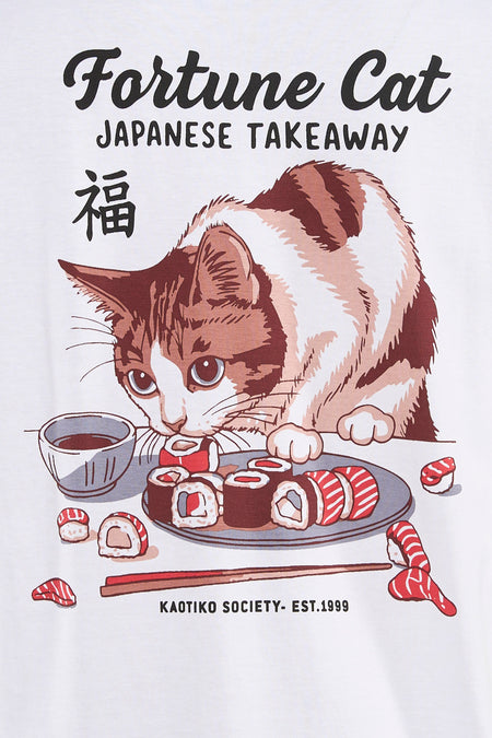T-shirt blanc KAOTIKO, avec un imprimé d'un chat mangeant des sushis, accompagné de texte japonais.