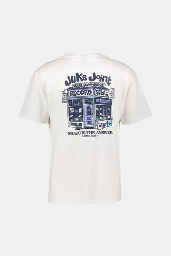 T-shirt blanc KAOTIKO avec un imprimé de disquaire et le texte "Music is the answer" dans le dos.