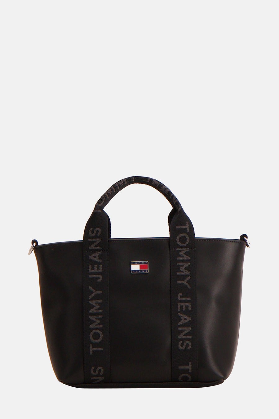 Sac à dos noir de TOMMY JEANS, avec logo de marque sur les bretelles et une étiquette rectangulaire de marque.