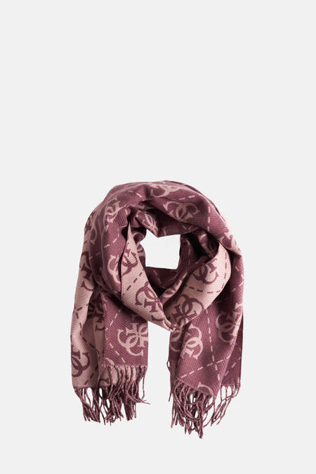 Chapeau d'hiver rose de Guess avec un motif de logos et de franges.