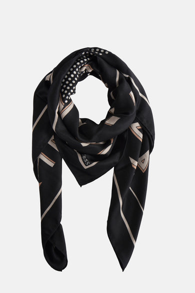 Écharpe d'été noire de Guess avec un motif structuré de points et de formes graphiques.