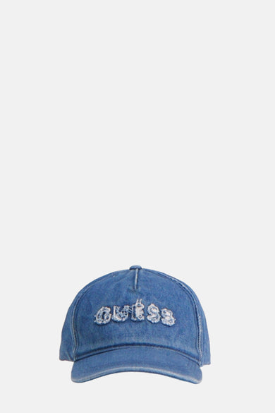 Casquette bleue marine en denim de Guess avec détail de lettres usées sur l'avant.