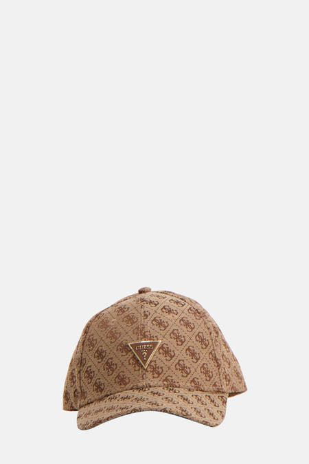 Manteau Guess marron avec imprimé logo complet et détail de boucle d'oreille dorée à l'arrière.