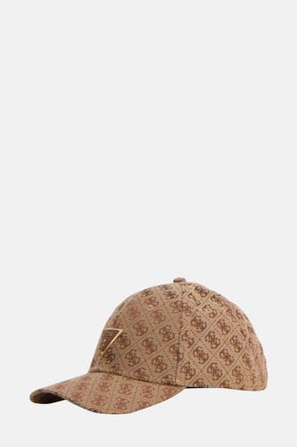 Gilet Guess marron avec imprimé logo et un logo or sur la devant.