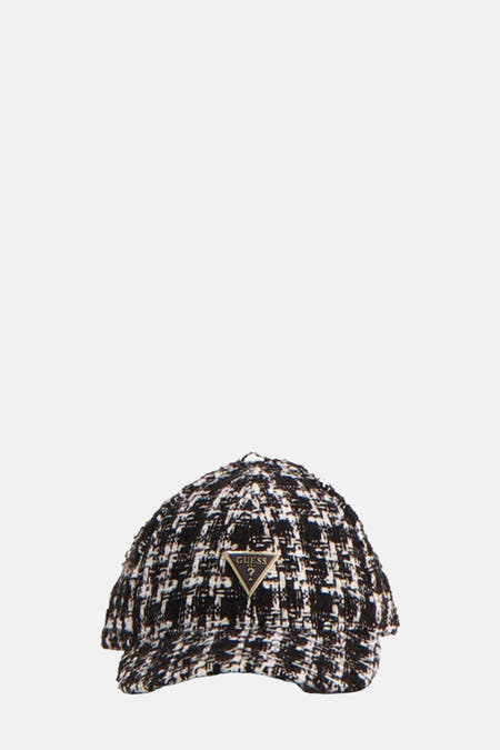 Chapeau noir de Guess avec un motif tweed et un logo de marque triangulaire.